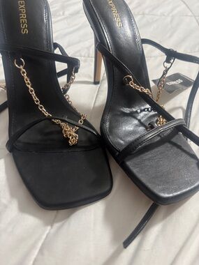 Express Black Strappy High Heels with Gold Chain Accent